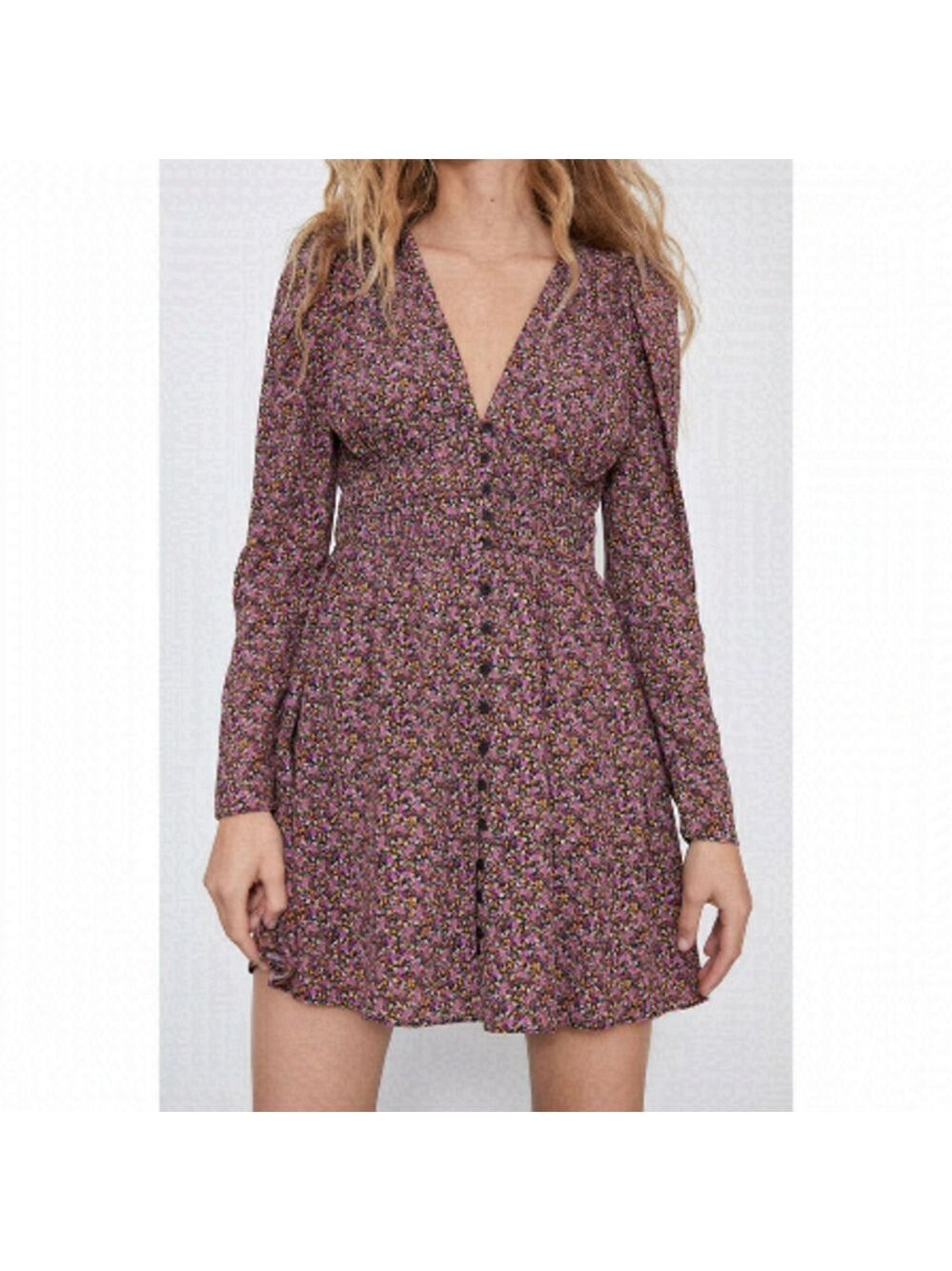 Zara long sleeve ditsy Floral mini button front lined v neck dress size XS